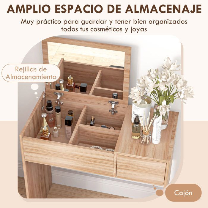 HOMCOM Coiffeuse avec Tabouret, Table de Maquillage avec Miroir, Plateau Abattant et Boîtes de Rangement, Naturelle