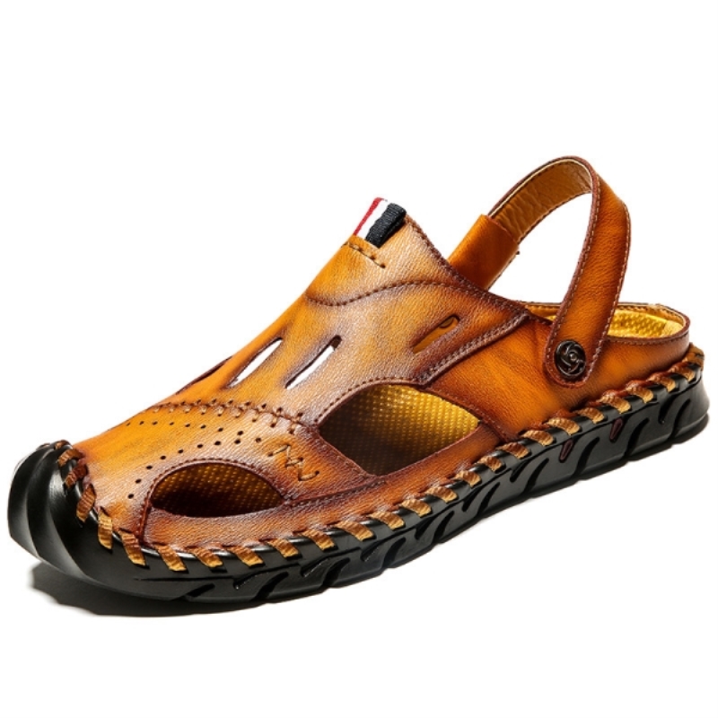 Sandali estivi da uomo in pelle di vacchetta, scarpe da spiaggia, sandali casual da esterno fatti a mano, sandali morbidi e lussuosi con incavo