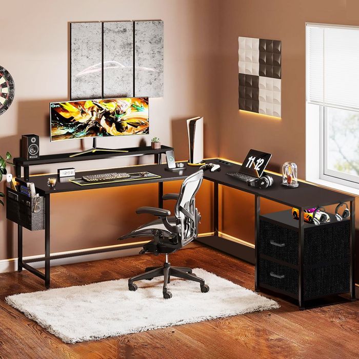 Corner Gaming Desk - L-Shaped Gaming Table with Monitor Stand - 2 Storage Drawers - 3 AC + 2 USB Ports - 120x120x75 cm - Black