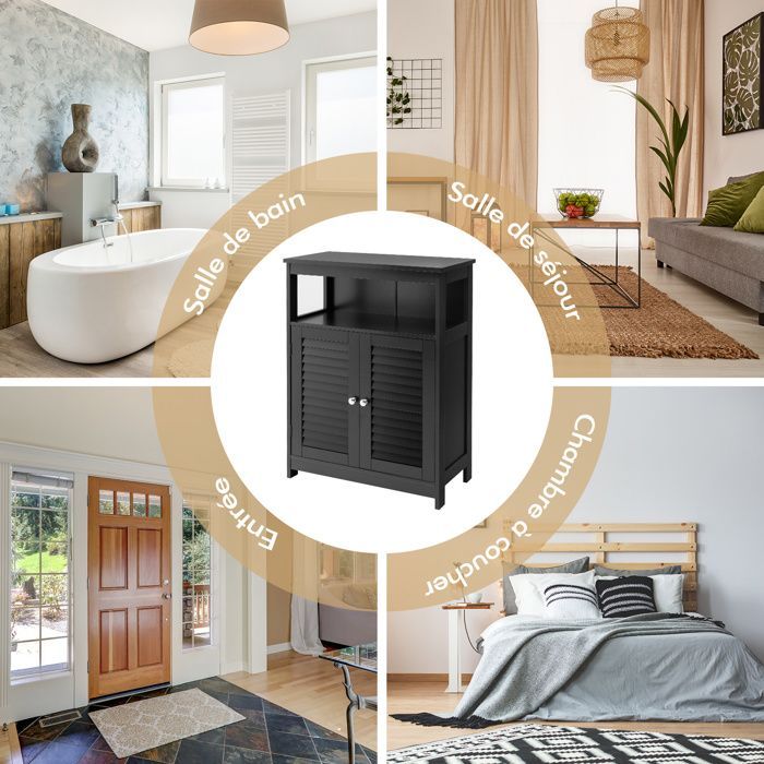 COSTWAY Houten badkamerkast met 2 neerklapbare deuren en verstelbare plank voor badkamer/woonkamer, zwart
