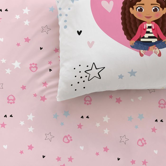 Juego de ropa de cama infantil 100% algodón - GABBY Y LA CASA DE LOS CORAZONES MÁGICOS - Blanco/Rosa - 140x200+63x63cm