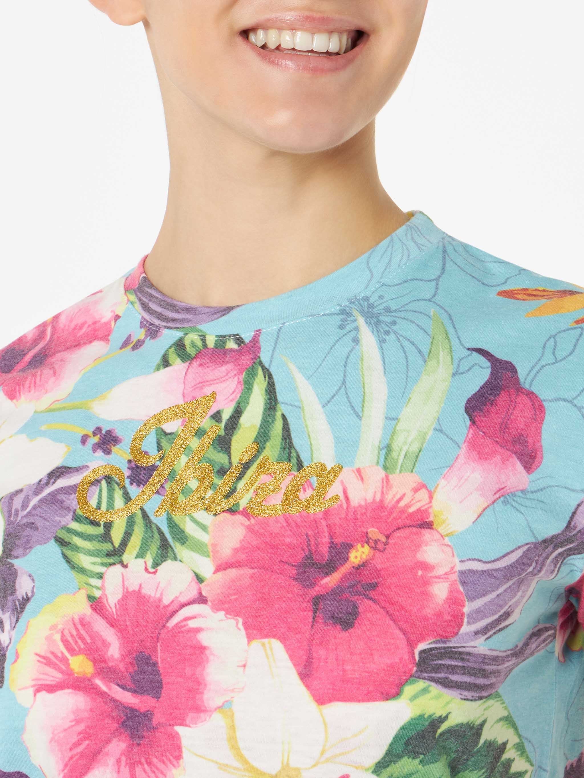 Damen-T-Shirt aus Baumwolle mit Hibiskusmuster