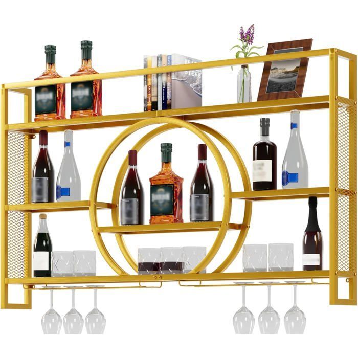 GOOBUY 140cm Metal Wine Glass Holder, Wall-Mounted Bottle Rack, Wine Rack with Light, Wine Bottle Organizer, 140x15x80cm, Gold