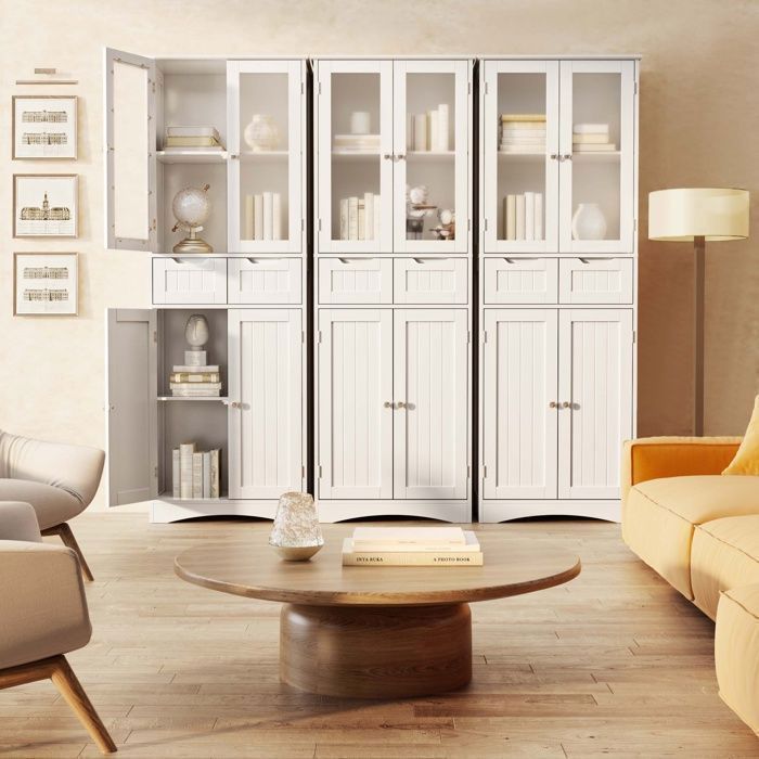 Buffet de Cuisine - Bealife - Meuble Rangement - 2 Tiroirs - Étagères Réglables - 4 Portes en Verre - Armoire Haute 170 cm - Blanc