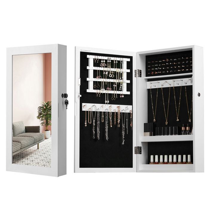 Armoire à Bijoux Murale, Verrouillable, avec Miroir, Surface en Blanc et Doublure en Noir