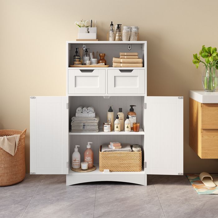 Meuble Bas Salle de Bain - Bealife - Rangment - 2 Tiroirs Modulables - Étagères Réglables - 2 Portes - Blanc - 60x30x108cm