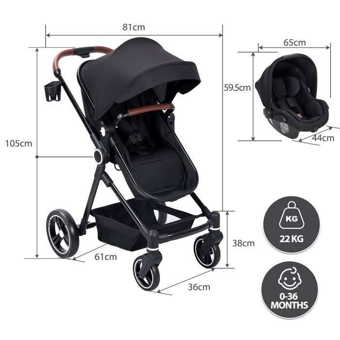 Cochecito combinado 3 en 1 con asiento para coche, cochecito de viaje plegable, arnés de seguridad de 5 puntos para bebés de 0 a 36 meses.