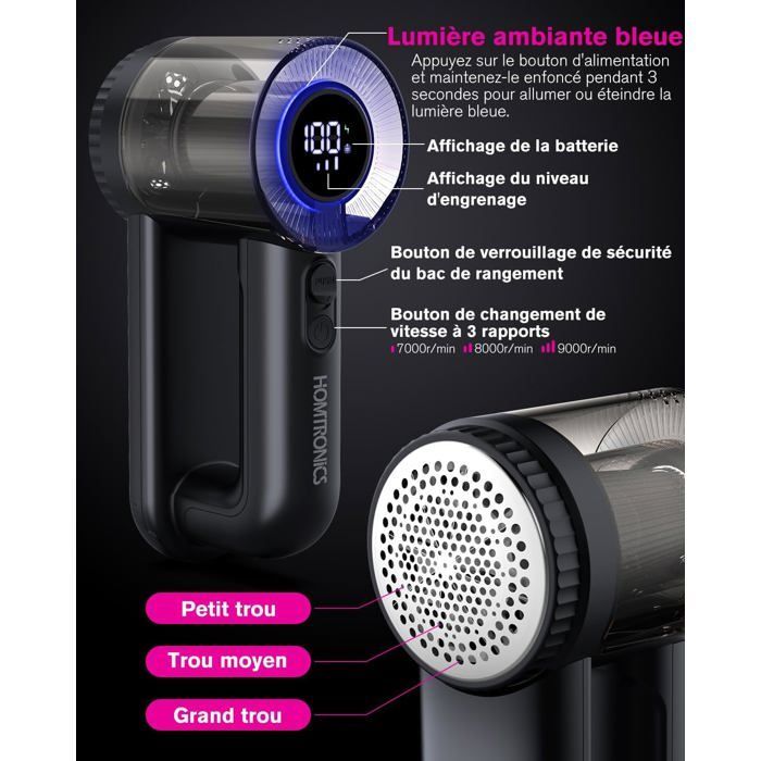 Electric fabric shaver, Type-C, LED screen, 2000mAh, 6 blades, 3 adjustable speeds, for clothes and sofas.