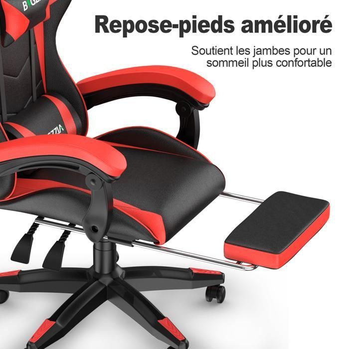 Sedia da ufficio gaming con poggiapiedi ergonomico, girevole a 90°, cuscino lombare e poggiatesta, regolabile in altezza.