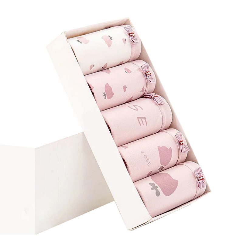 Set di 5 slip da donna in cotone traspirante, alla moda, senza cuciture, con graziosa stampa a fiocco, ideali per ragazze e donne giovani. Lingerie sexy.