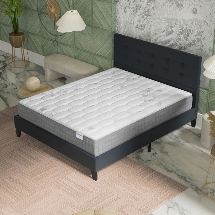 Colchón y cama (140x200cm) - Galice 25cm Muelles ensacados y espuma viscoelástica + Base de láminas y cabecero tapizados en negro