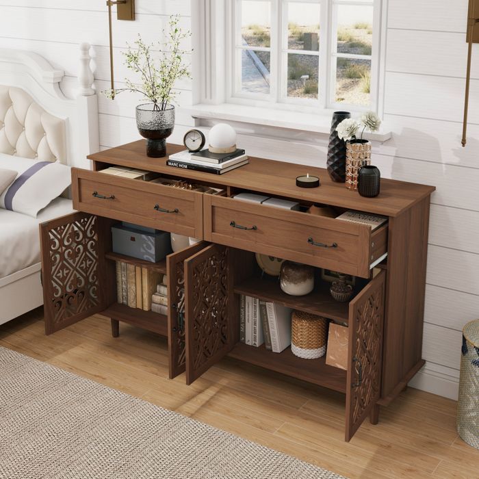 MIVRAY Buffet et Enfilade avec 4 Portes 2 Tiroirs et Étagères Réglables pour Salon en Panneaux de Particules Noyer
