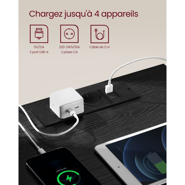 VASAGLE Lot de 2 Table de Chevet avec Multiprise, Table d'Appoint, 2 Tiroirs, 2 Prises CA, 2 Ports USB-A, Moderne, Noir Boisé