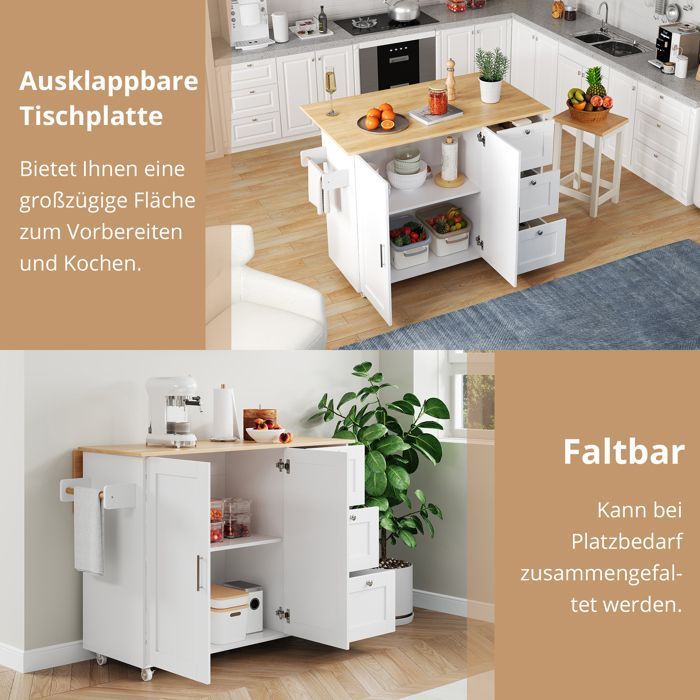 Îlot de Cuisine -Armoire de Cuisine avec 3 Tiroirs-135 × 44 × 90 cm-blanc