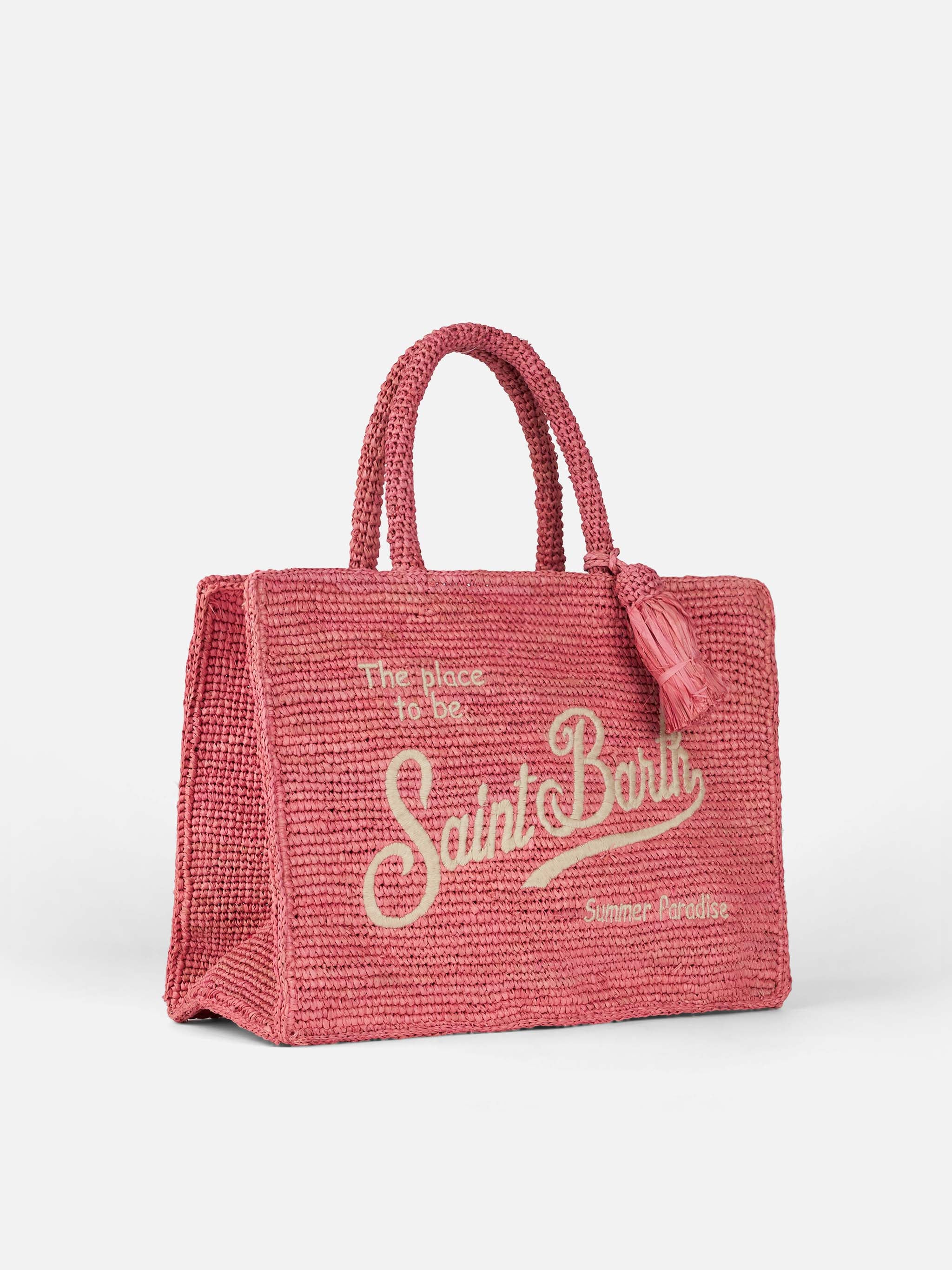 Colette-Tasche aus rosa Bast mit Stickerei