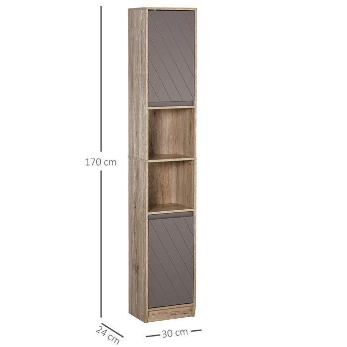 Mueble de baño tipo columna - HOMCOM - 6 estantes estrechos, 2 puertas, 2 compartimentos - madera - 30x24x170cm - roble gris