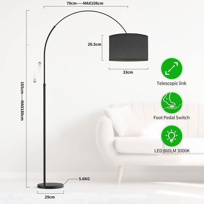 Modlicht Jasmin Arc vloerlamp | Klassieke lamp met zwarte kap 33 cm, E27 9W LED-lamp inbegrepen, voetschakelaar