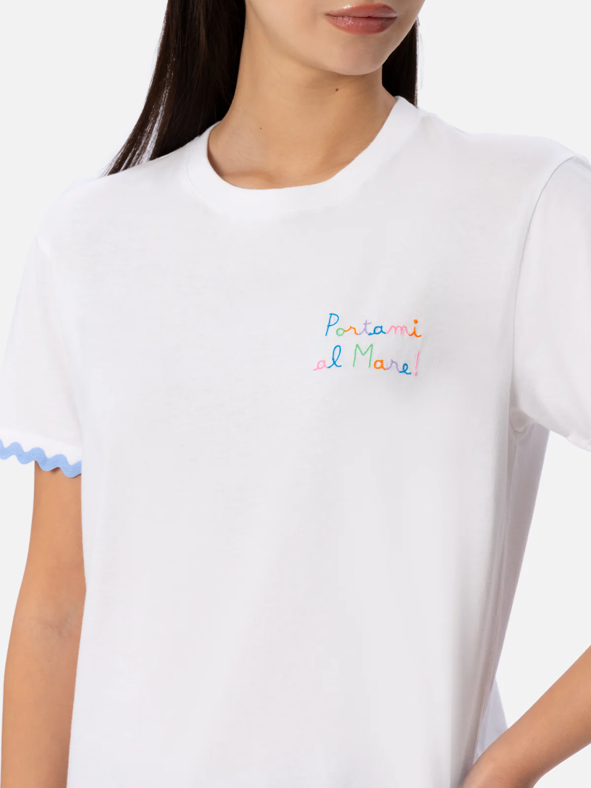 Emilie dames T-shirt met ronde hals van katoenen jersey met Porta-borduurwerk.