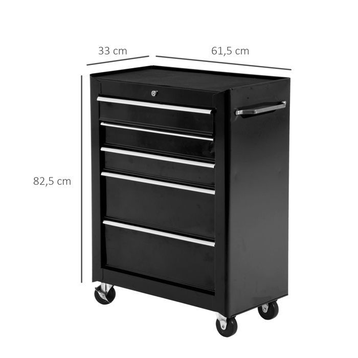 Carro de herramientas - HOMCOM - 5 cajones con cerradura y 2 llaves - con ruedas - acero - 61,5 x 33 x 82,5 cm - negro