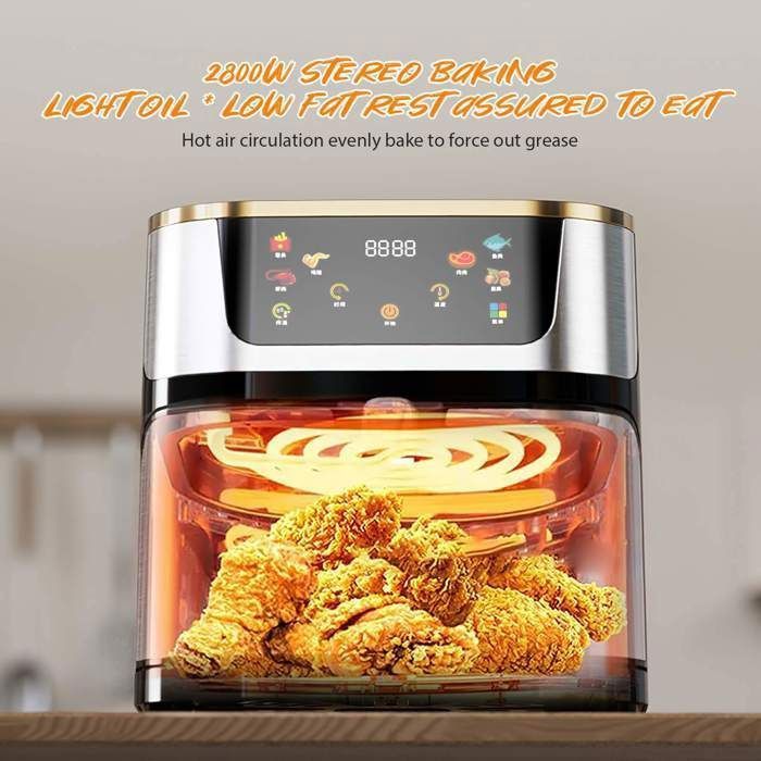 Freidora de aire sin aceite de 12 litros, 2800 W con ventana transparente, pantalla táctil LED para patatas fritas, carne y pescado, color negro.