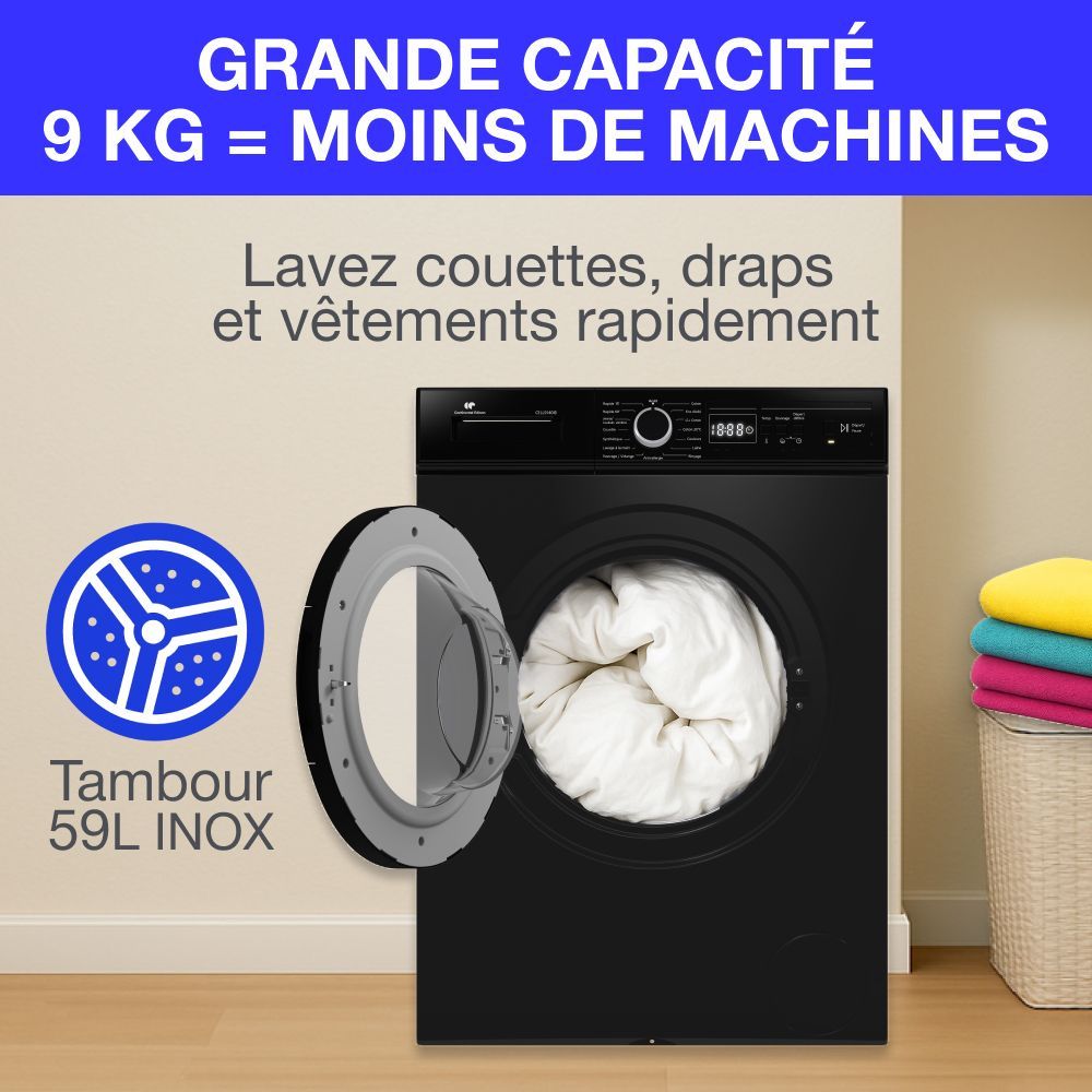 Lavatrice a carica frontale CONTINENTAL EDISON CELL9140IB - 9 kg - Larghezza 59,6 cm - Classe energetica A - 1400 giri/min - Motore a induzione - Nero opaco