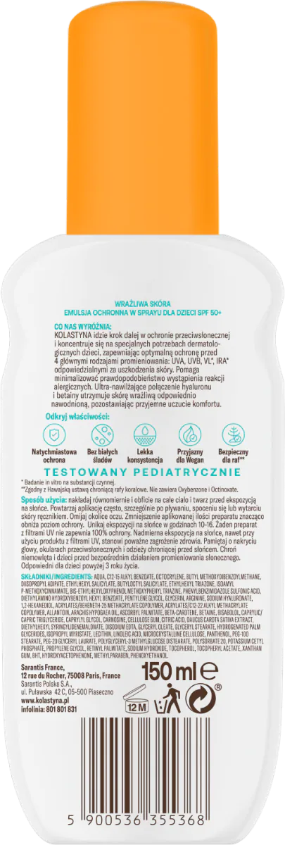 Kolastyna Sun Kids SPF50+ - Wrażliwa Skóra Emulsja ochronna dla dzieci spray SPF 50+ 150 ml
