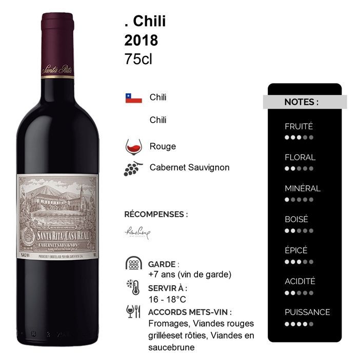 Santa Rita Chili Casa Real Cabernet Sauvignon 2018 - Vin Rouge du Chili (3x75cl)