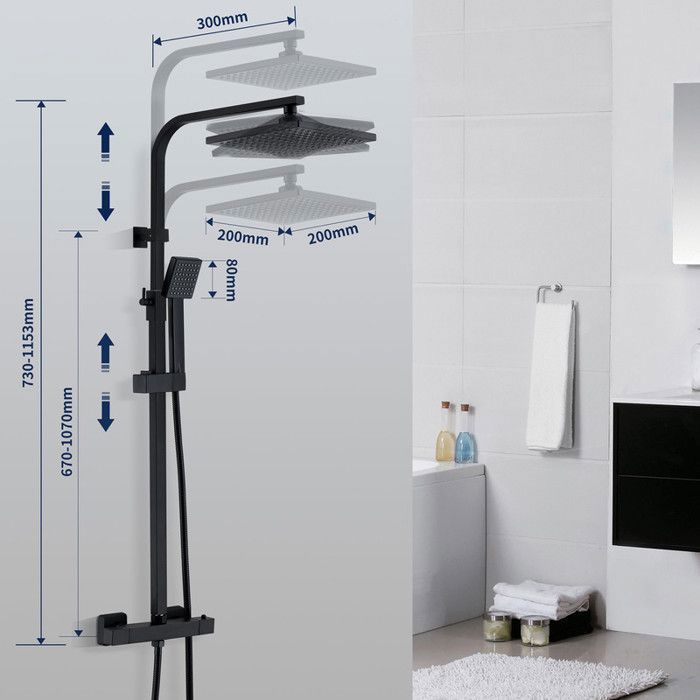 Thermostatic Shower Column, Shower Set, Brass Body, Adjustable Height, Black Shower System