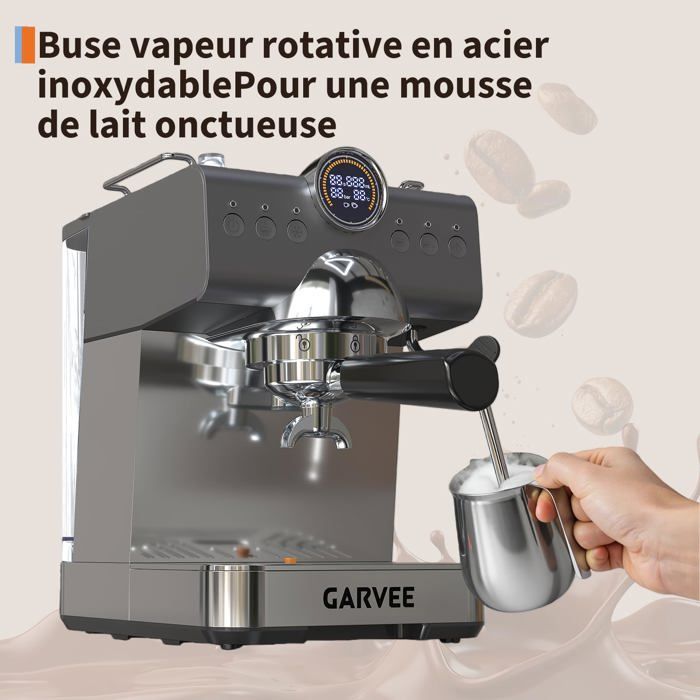 Cafetière expresso semi-automatique 20 bar avec broyeur intégré – Acier inoxydable – Buse vapeur – Compacte et facile à nettoyer