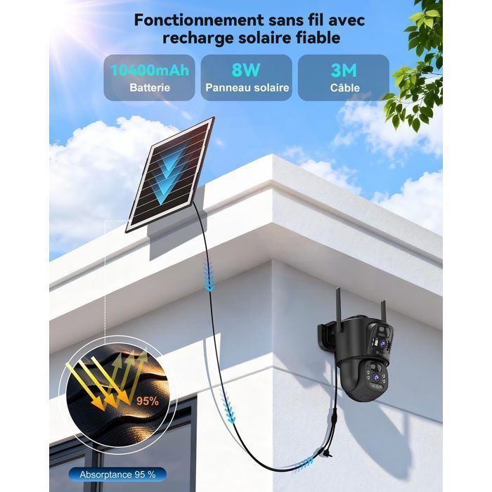 Outdoor Solar WiFi Dual Lens Security Camera, PTZ with PIR Human Detection, 8W Solar Panel & 10400mAh Battery