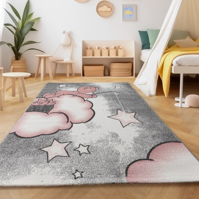 Tapis enfant doux Bear nuage étoiles motif tapis rectangle rond gris rose blanc [160x230 cm]