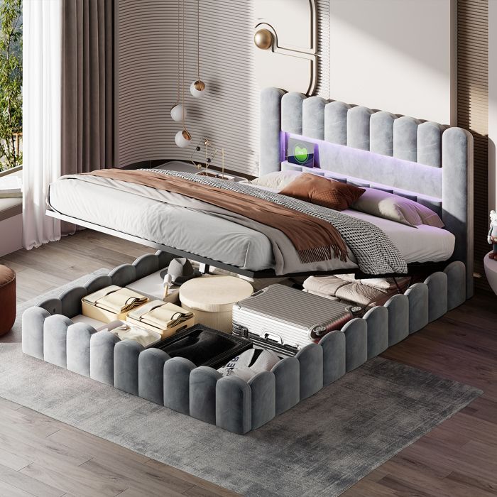 Cama con almacenamiento - PERGAR - 180 x 200 cm - Lino gris - Base de láminas incluida - Almacenamiento USB y LED