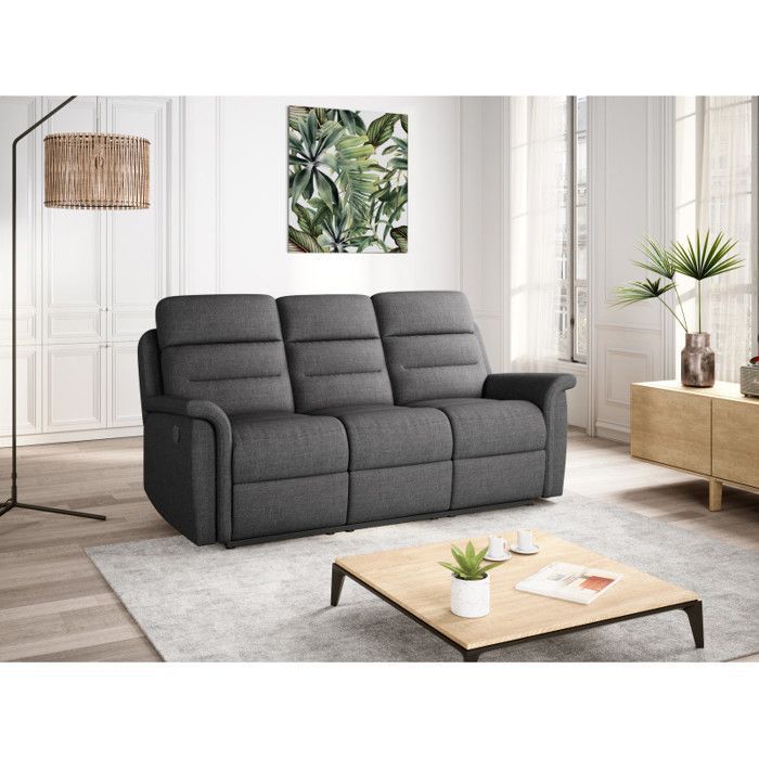 Canapé de Relaxation 3 places en Tissu Gris LÉON - Gris foncé - L191 x 94 x 100cm - LOUNGITUDE
