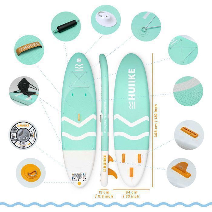 Paddle Gonflable Adulte Vert avec des Accessoires de Qualité - HUIIKE - Stand Up Paddle avec Pagaie Double et Siège de Kayak