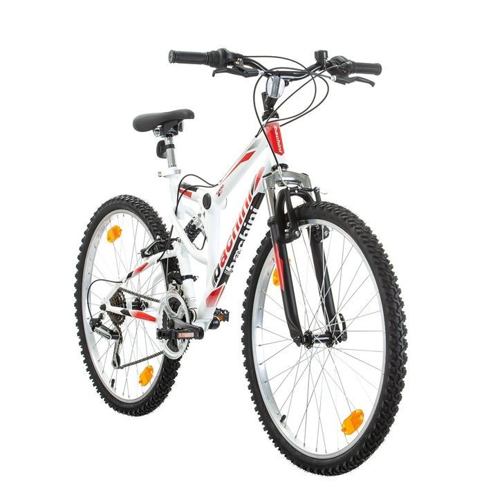 Bicicletta - Mountain bike da 26'' - Modello full suspension - 18 velocità con trasmissione Shimano e freni V-brake in alluminio.