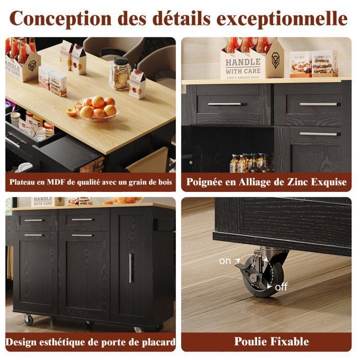 Îlot de Cuisine Mobile avec Plateau Extensible - 2 Niveaux de Rangement - Plateaux Réglables Hauteur - Roulettes Freinées 360°