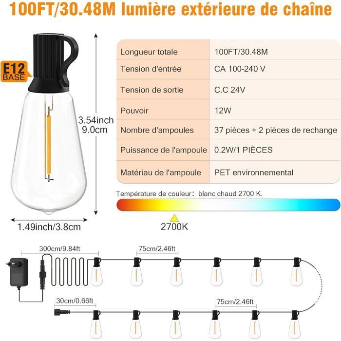 Guirnalda de luces LED para exteriores, estilo bistró - Guirnalda de luces impermeables de 15 m, luces de exterior de bajo consumo, modelo de bombillas