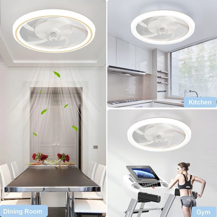 Ventilador de techo LED de 48 cm, 3 colores, regulable, silencioso, con 7 aspas y 6 velocidades.