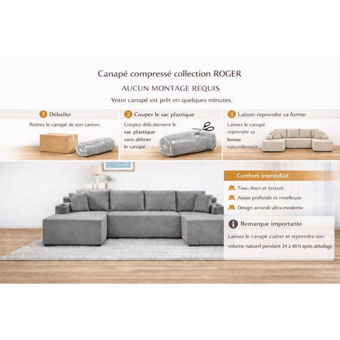 Modulaire, compacte bank - 4-zits - ROGER - Crèmebeige stof - Opbergruimte & bekerhouder - 339 x 168 x 84 cm