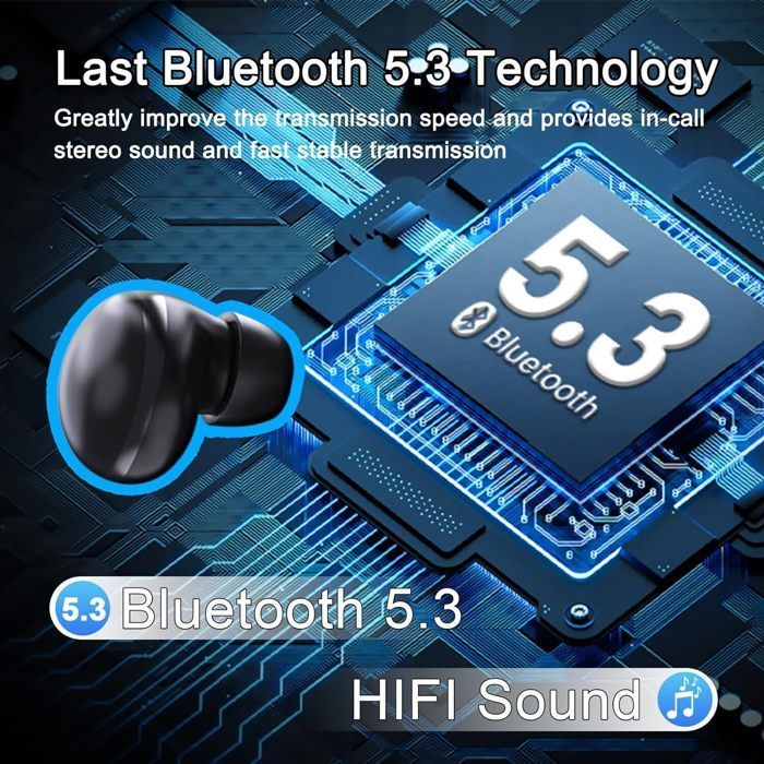 Wireless Bluetooth 5.4 Earbuds with HiFi Stereo Sound, Noise Reduction, 45 Hours of Battery Life, LED Light, Compatible with iOS and Android, Sport Style, Black