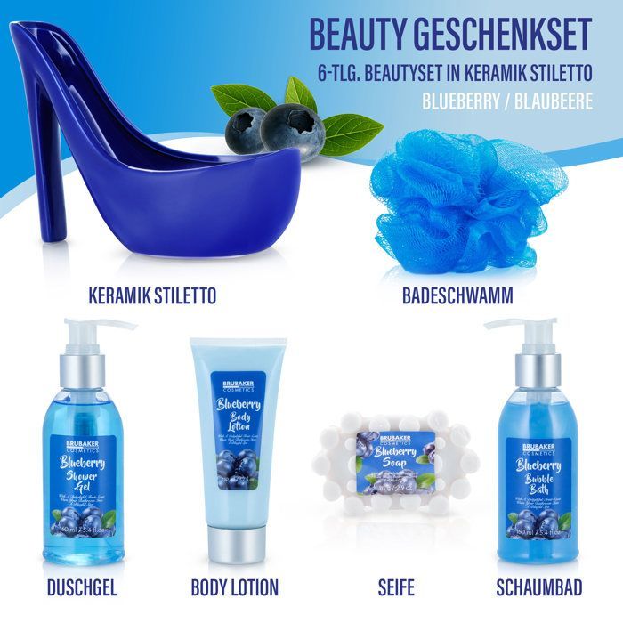 BRUBAKER Cosmetics - Coffret de bain & beauté - Myrtille - 6 Pièces - Escarpin décoratif - Bleu - Idée cadeau Femme