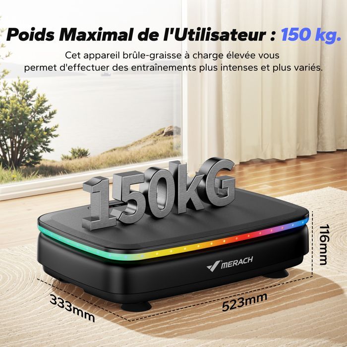 MERACH moottoroitu tärinälevy, 9 ohjelmaa, 99 nopeutta, kaukosäädin, Bluetooth, LED-näyttö, liukumaton, 150 kg max, musta