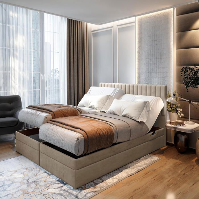 Cama de adulto ADÈLE - conjunto de colchão e base ajustável elétrica - 140x200 cm - veludo bege