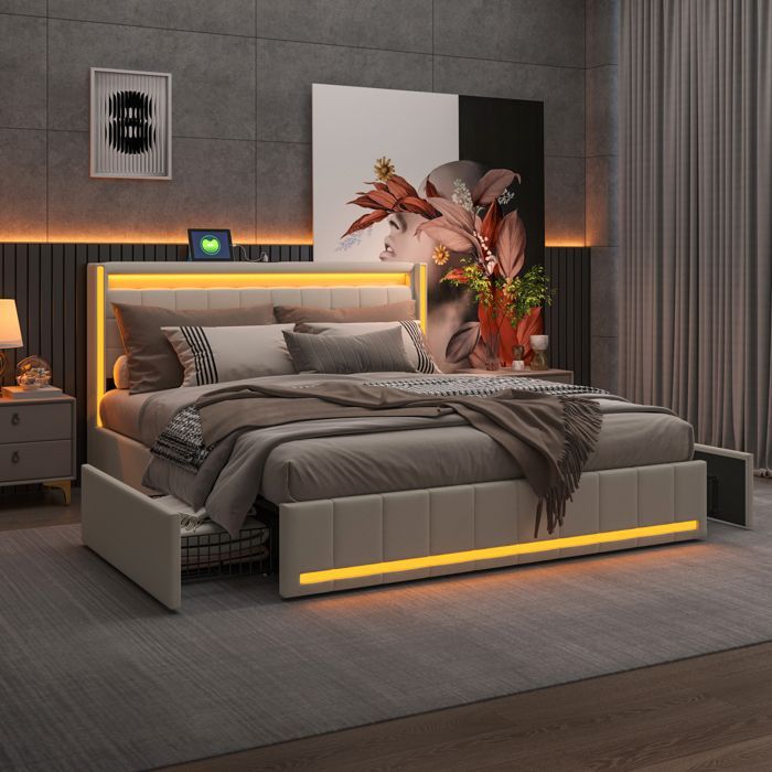 Lit double capitonné 160x200 cm avec 4 tiroirs, Lit adulte avec LED et chargement USB, Sommier à lattes, Tissu en lin, Beige