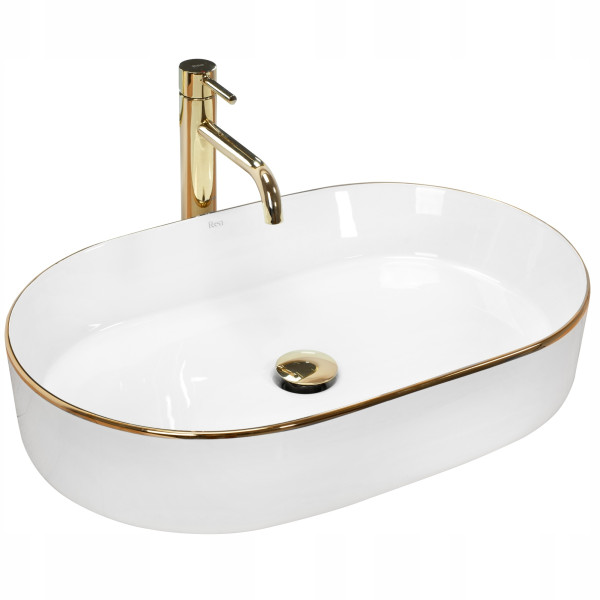 Umywalka Nablatowa Nadia Gold Edge 60Cm Biała Owalna - Rea