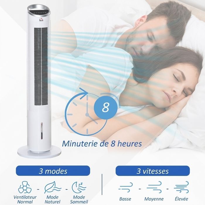 Rafraîchisseur d'Air 3-en-1 Ventilateur Colonne Silencieux Refroidissement par Eau Humidificateur 60W Télécommande Minuteur 8h