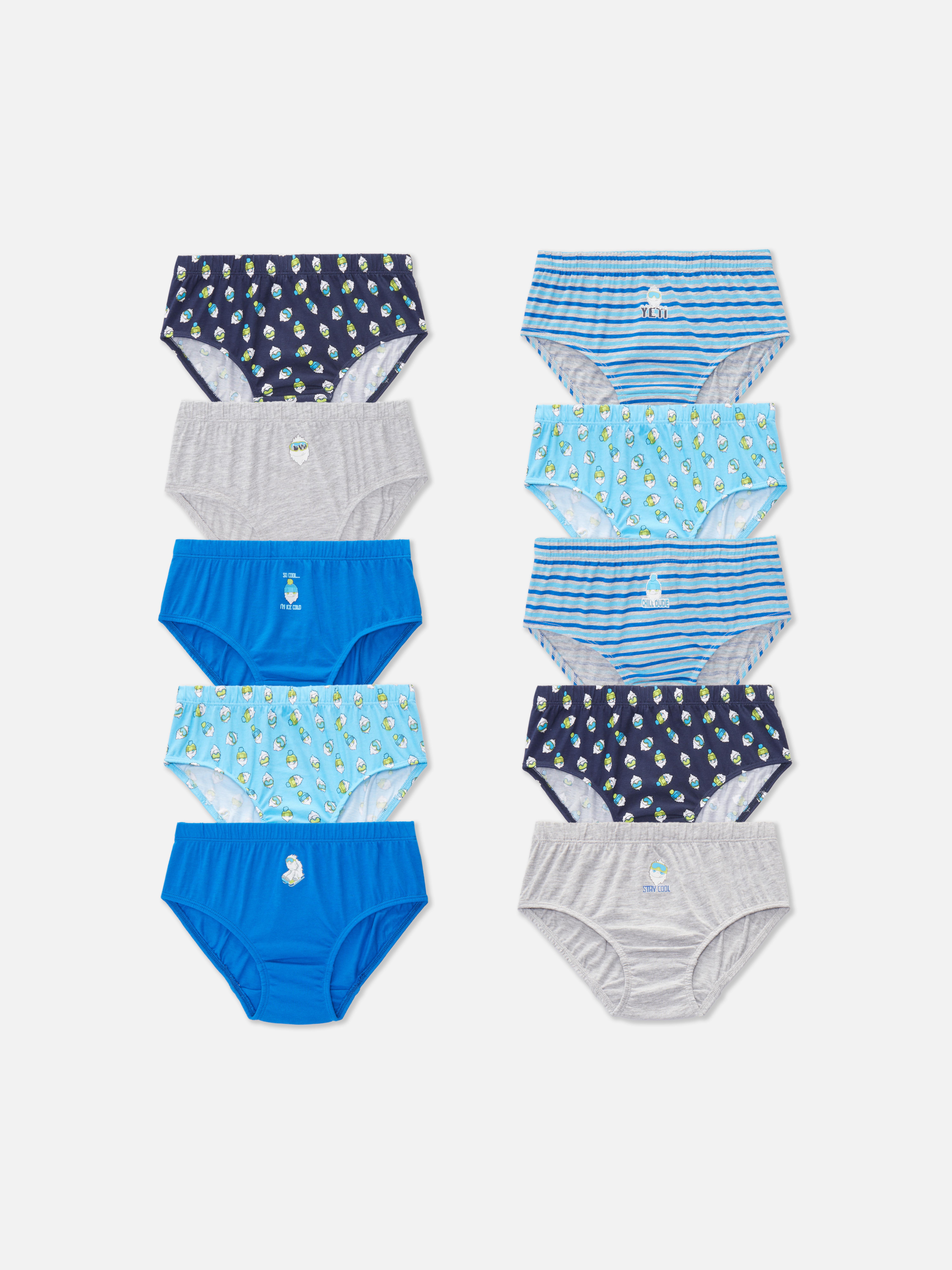 Slips mit Yeti-Muster, 10er-Pack. Eine Mehrfachpackung Slips mit elastischem Bund und Yeti-Motiv.