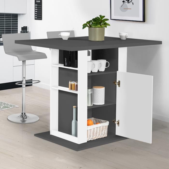 Isla central IDMARKET UGO de 110 cm con encimera de madera gris y blanca y espacio de almacenamiento.