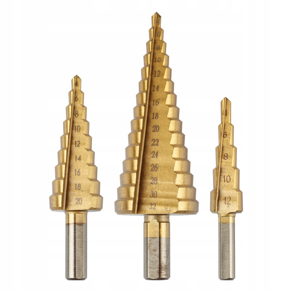 Wiertła stopniowe: 4-12, 4-20, 4-32mm 3szt stożkowe GRAPHITE
