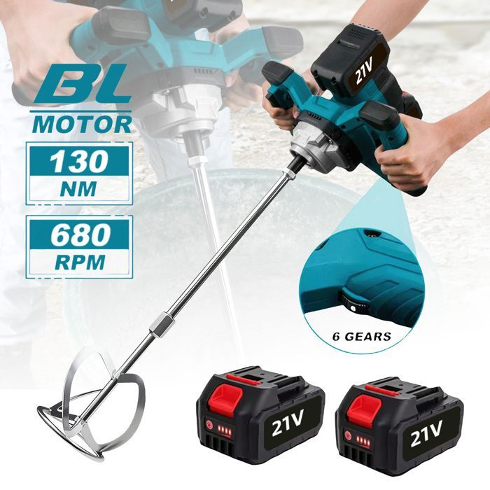 1700W Cordless Cement Mixer, Cordless Concrete Mixer - 6 Speeds, With 2 Batteries - Electric Concrete Mixer - Blue